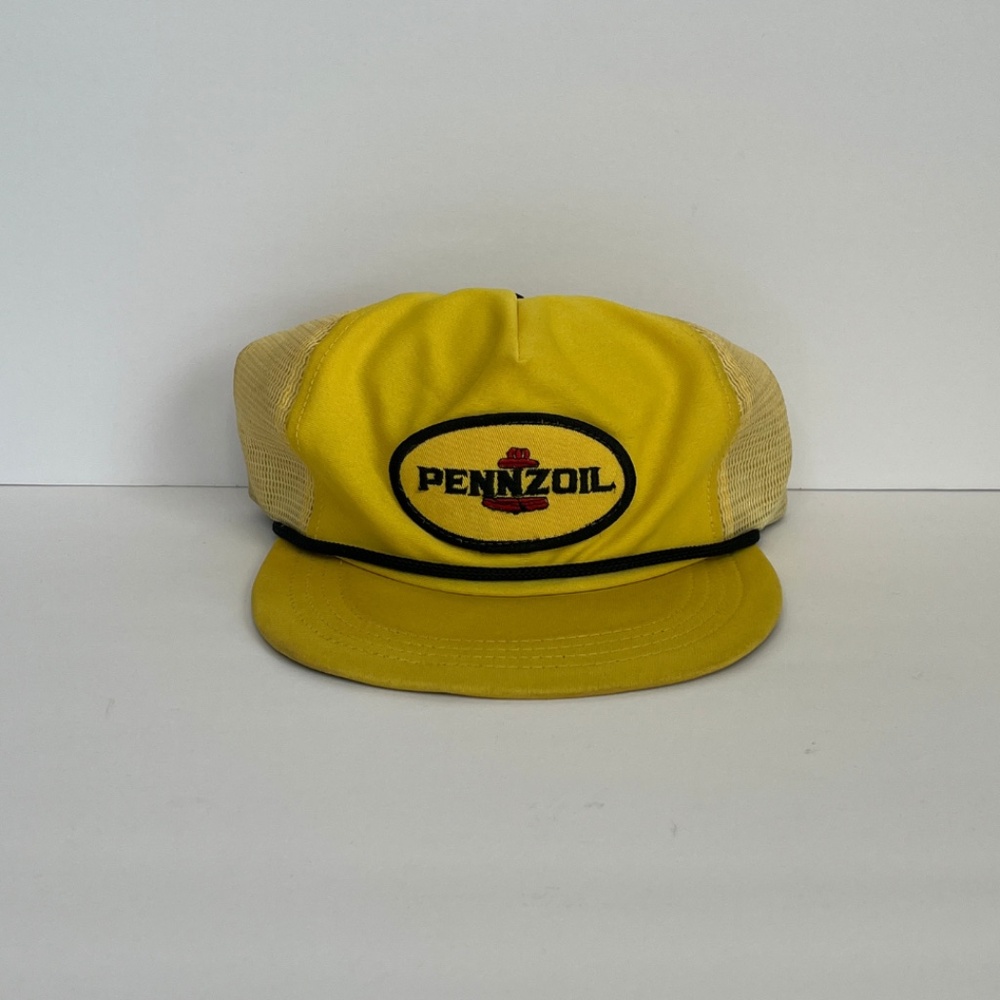 Vintage Pennzoil Rope Trucker Hat Yellow Mesh Snapback Patch Cap